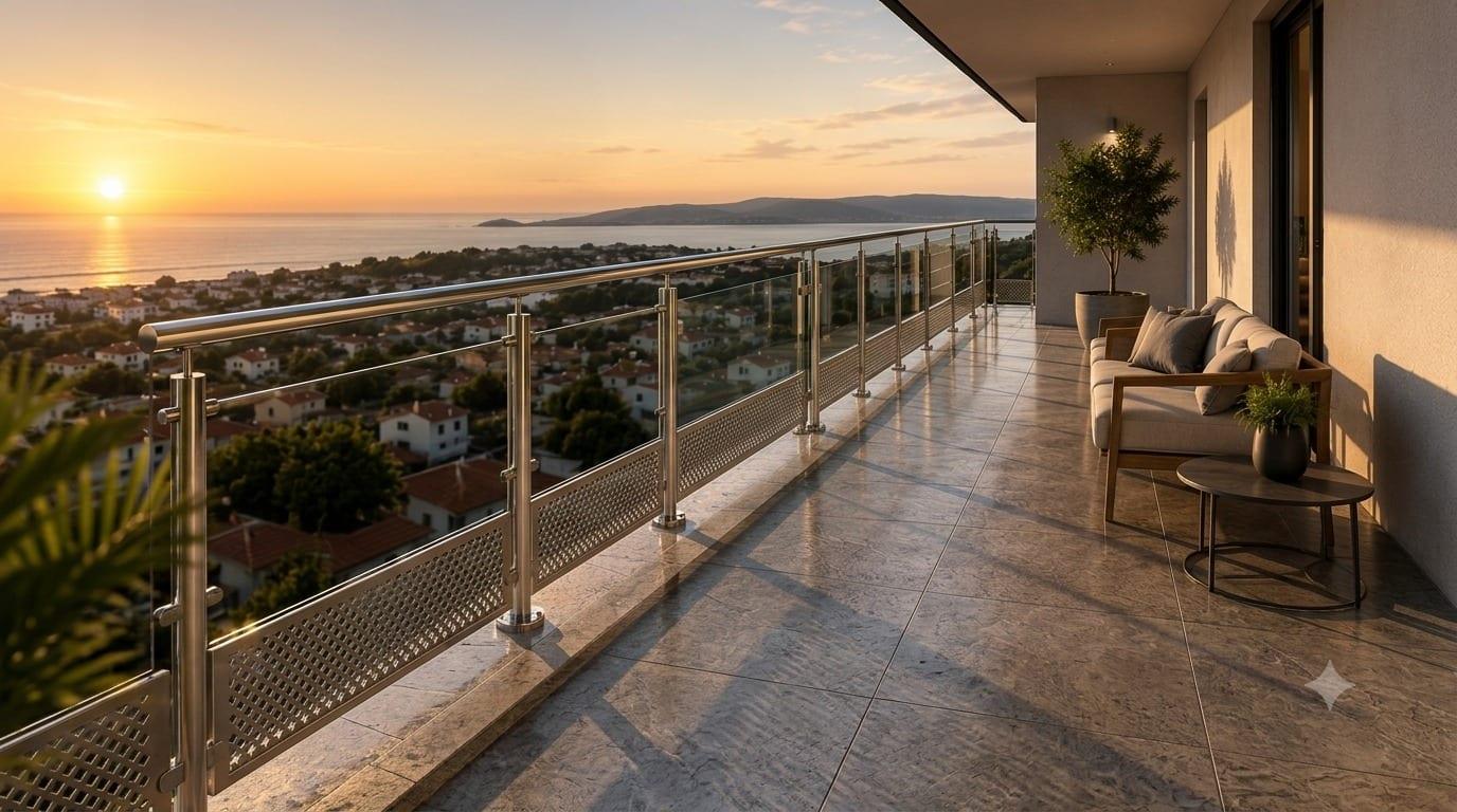 A stainless and glass balcony balustrade at sunset.